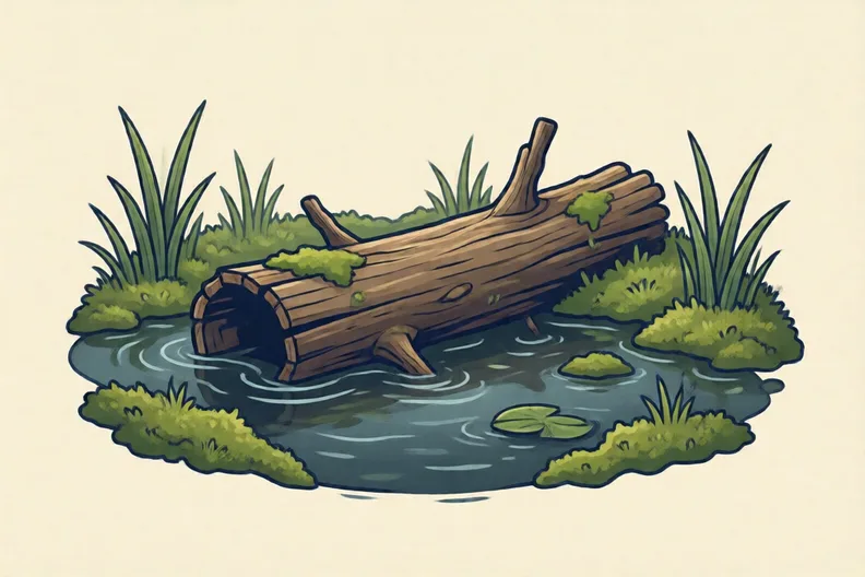 A wet bog with a fallen log in dark water, with no people