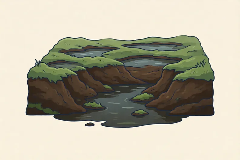 A trench cut into a wet bog, showing layers of dark brown peat