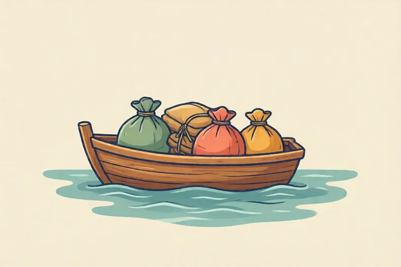 A wooden boat on a calm sea carrying sacks and bundles