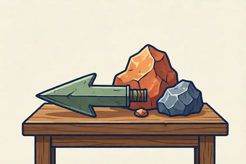 A bronze arrowhead beside a lump of copper ore and a lump of tin ore