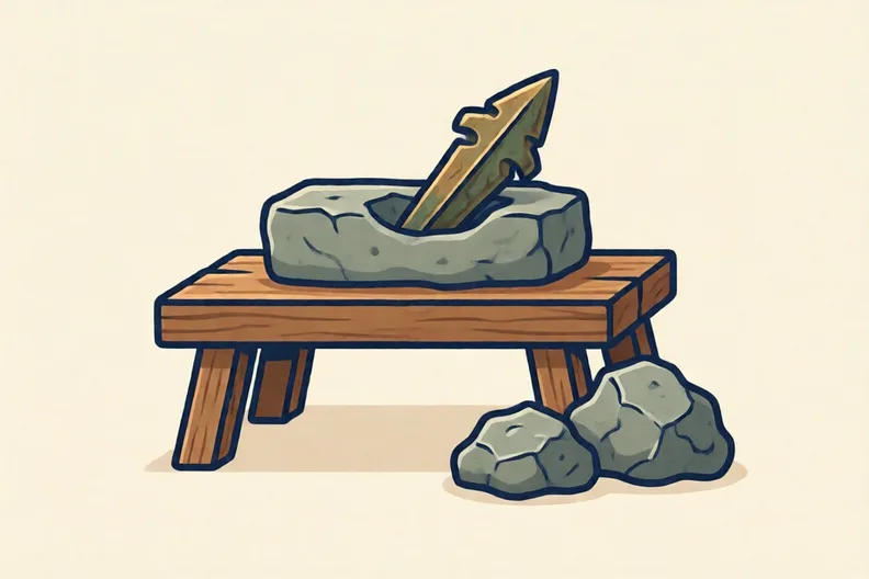 A stone mould with a bronze arrowhead inside, and lumps of ore on a wooden bench