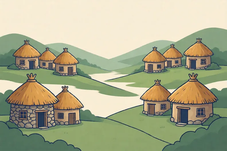 Round houses in separate villages across green hills, with gaps between them