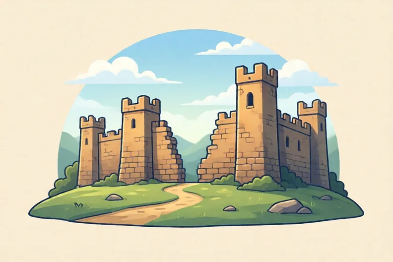 Ruined stone walls on a grassy hill under a blue sky
