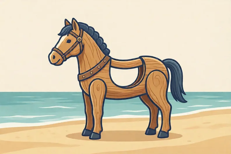 A huge wooden horse standing on a sandy beach