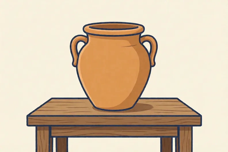 A plain Roman clay pot standing on a wooden table in a quiet room
