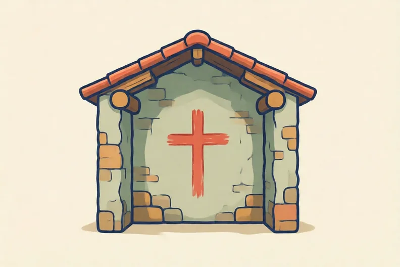 A plastered wall in a made-up Roman town with a small painted cross on it