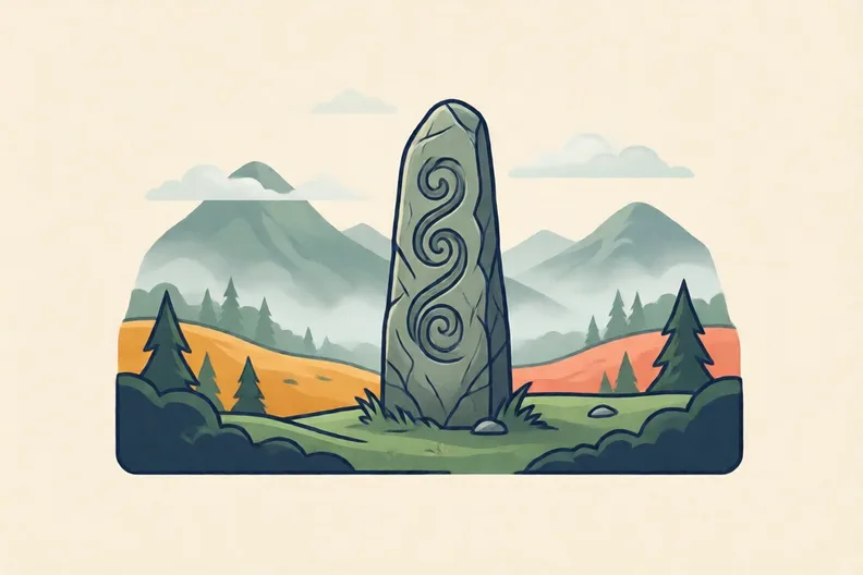Misty northern hills with a standing stone carved with symbols, no people