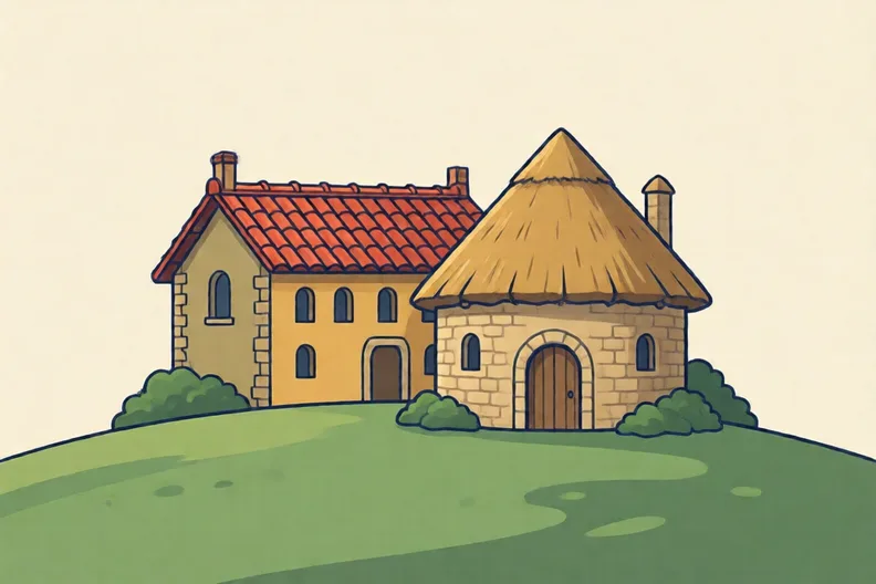 A Roman-style villa with a mosaic floor beside a round stone house on a hill