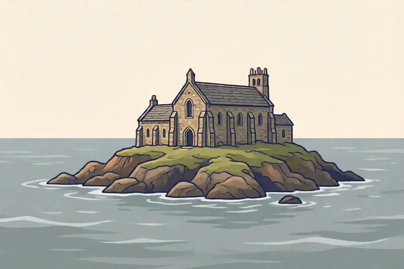 A stone priory on a small island with a grey sea around it
