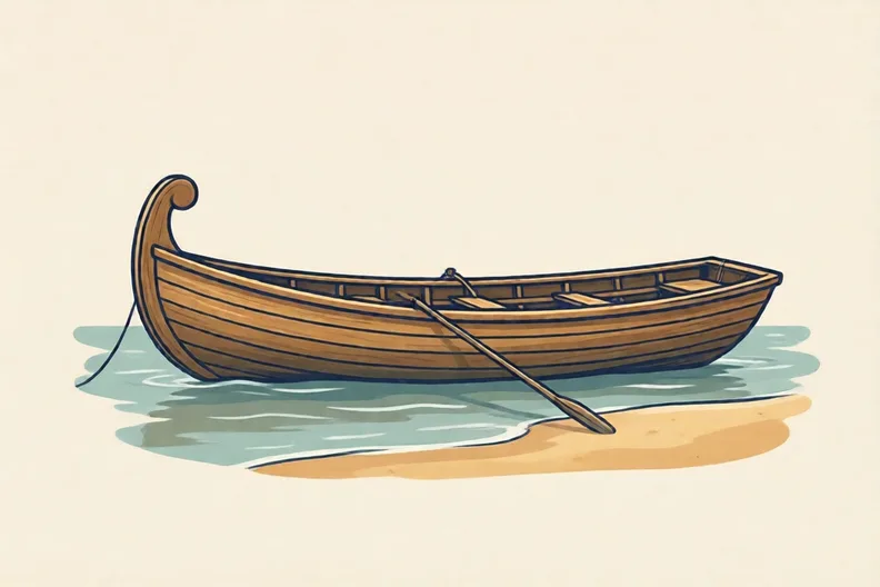 A long wooden longboat drawn on shallow water near a sandy shore