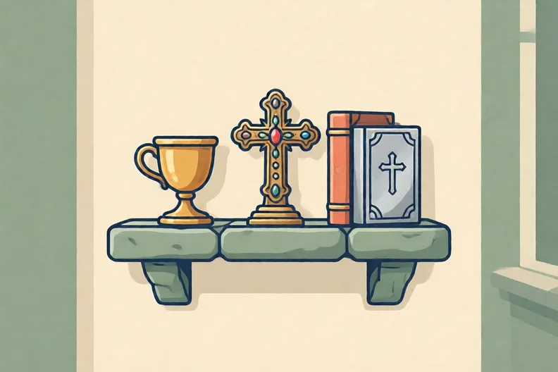 A shelf in a stone room holding a gold cup and silver book covers