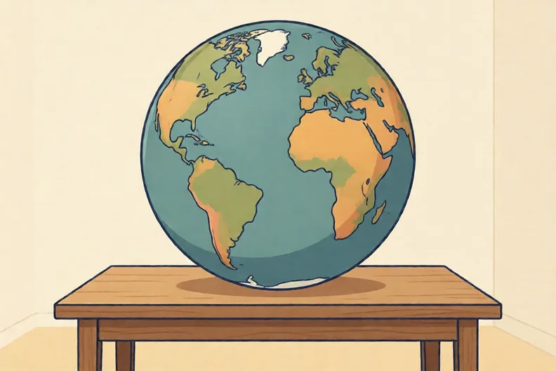 A large globe of the world on a wooden table in a quiet room