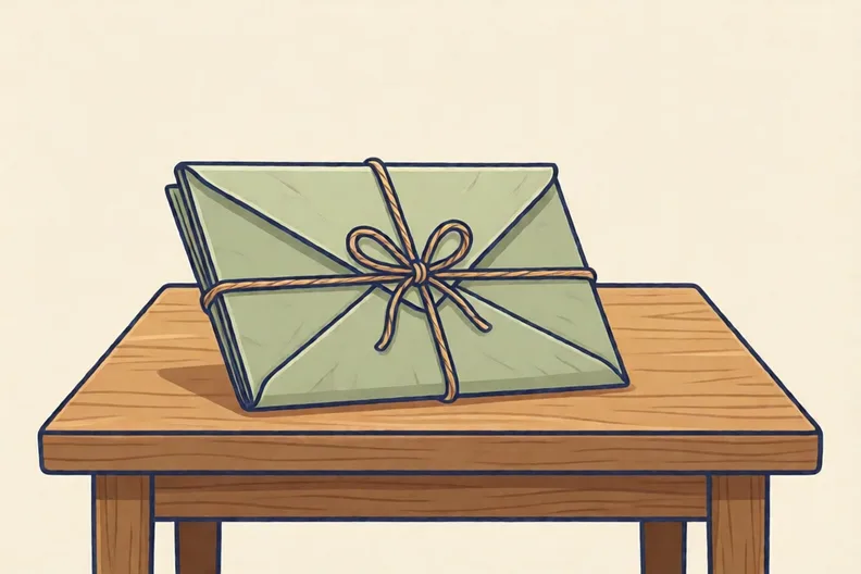 A folded paper letter tied with string on a wooden table