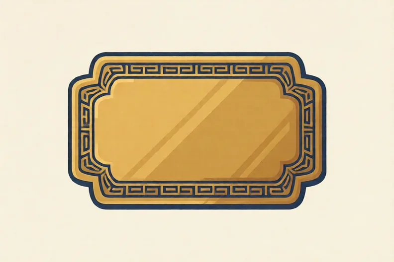 A golden brass plaque from the Kingdom of Benin on a plain grey background