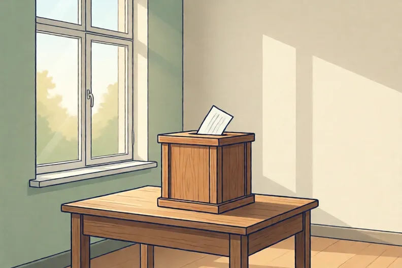 A wooden ballot box on a table beside a tall window