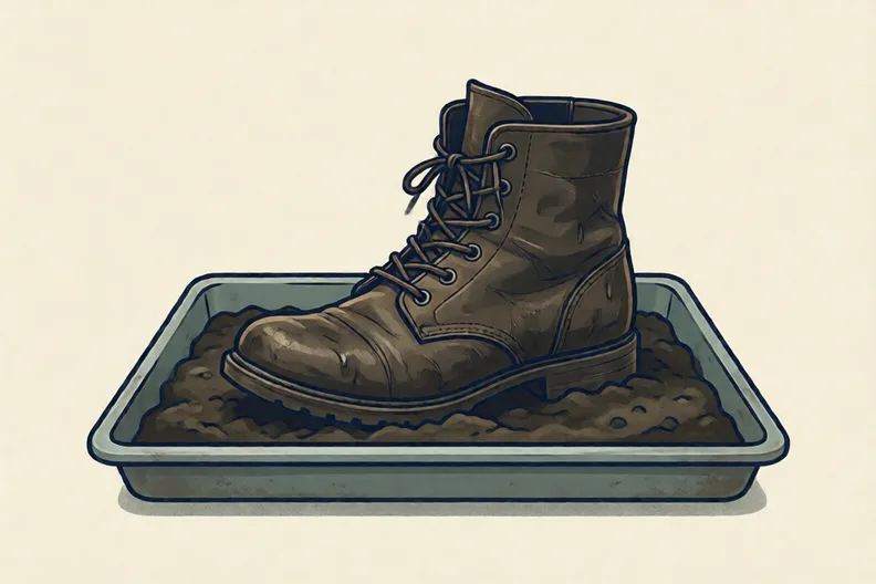 An old leather boot, dark and damp, lying in a tray of soil