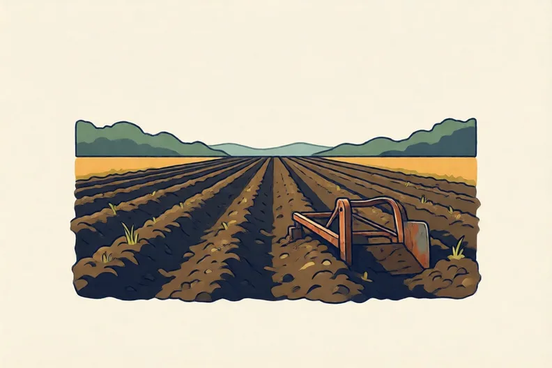 A ploughed field with dark furrows and a rusty metal object showing at the surface
