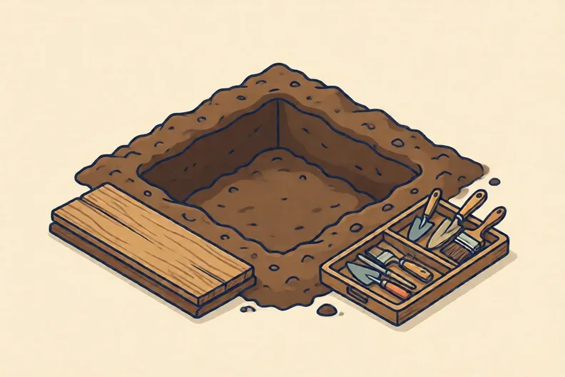 A square trench dug into brown soil, with a wooden board and tools beside it.