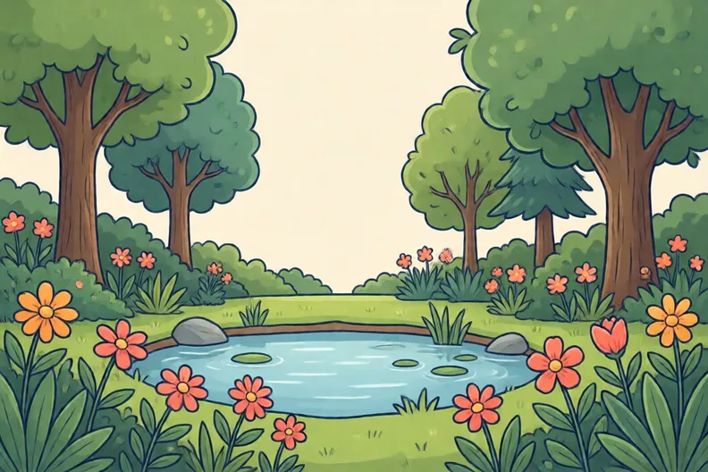 A garden with green trees, flowers and a small pond