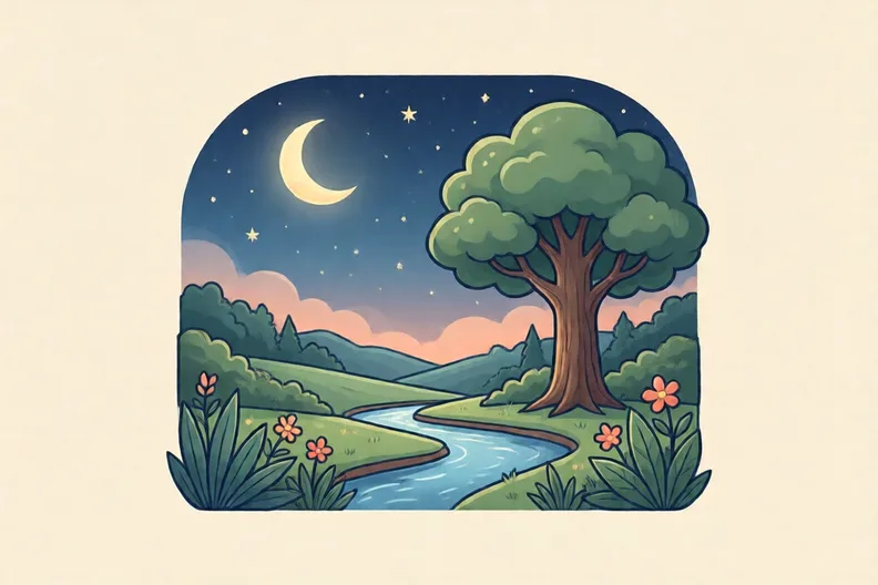 A night sky over a quiet garden with a crescent moon, stars, a tree and a river