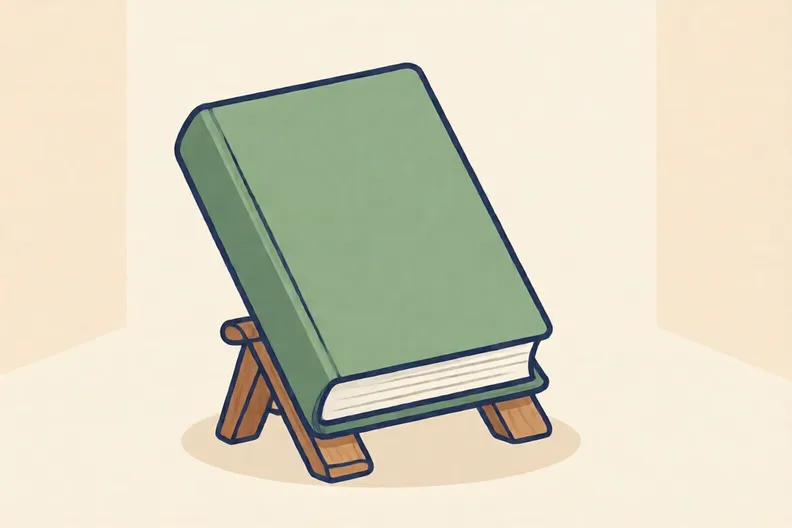 A closed Qur'an with a green cover resting on a wooden stand, with no writing showing