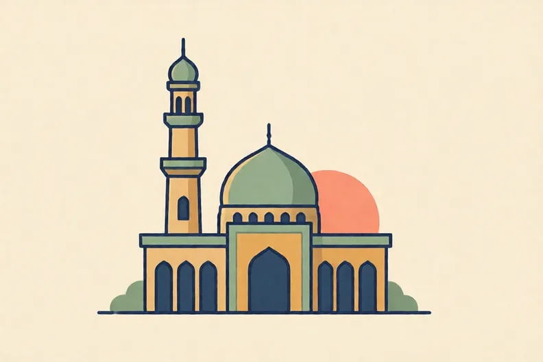 A small masjid with a tall minaret against a soft morning sky