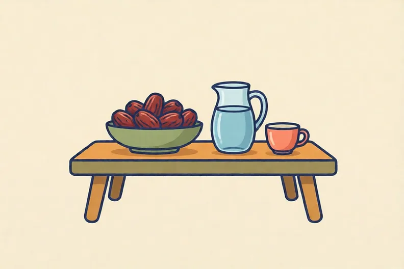 A low table with a bowl of dates, a jug of water and a cup, and no people