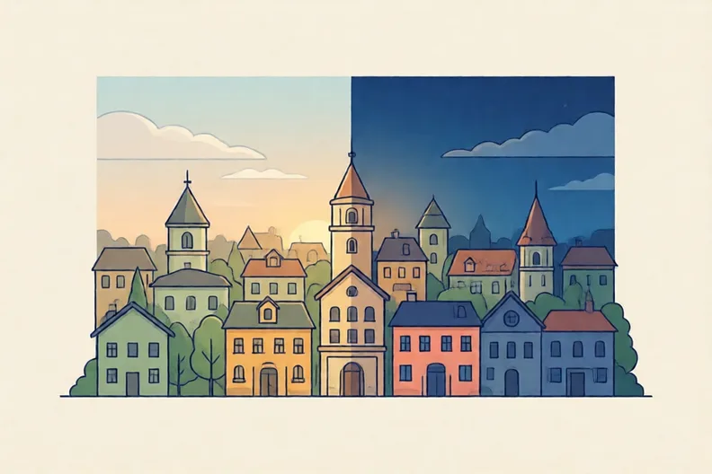 A small town under a sky that moves from pale dawn to deep blue night