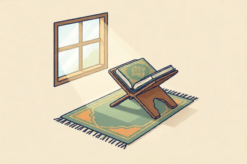 A plain prayer mat beside a Qur'an on a wooden stand