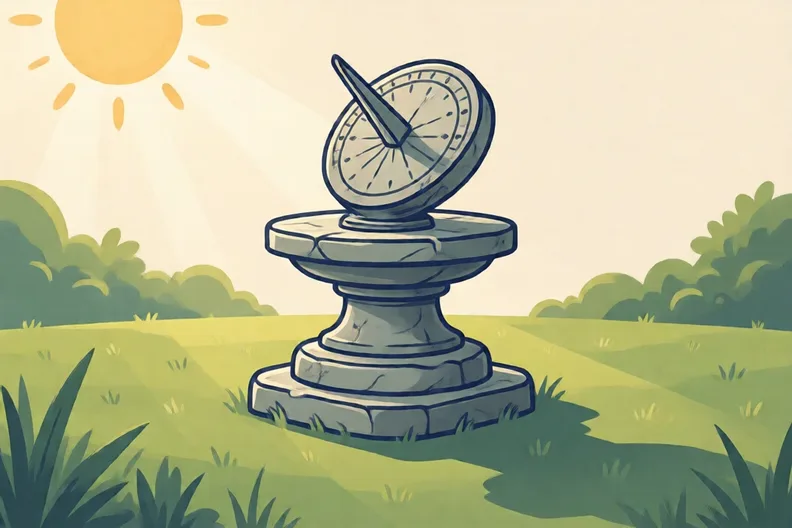 A stone garden sundial in sunshine, with its shadow across the ground