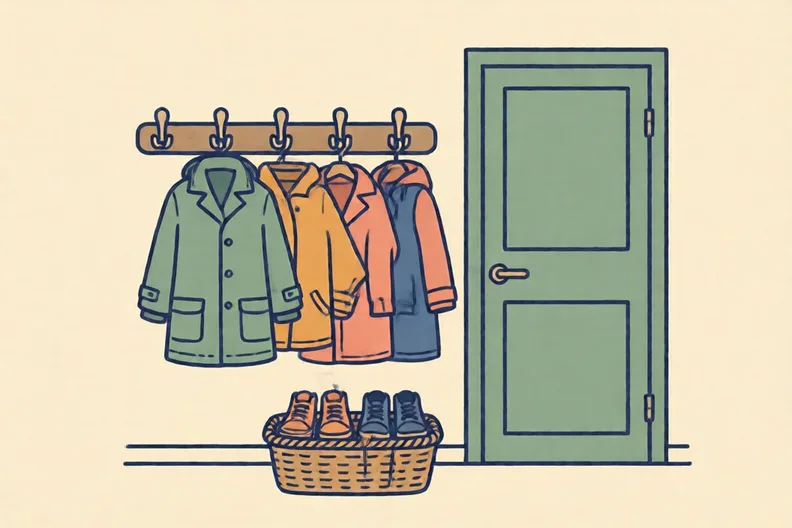 A row of coat hooks by a front door, with a neat basket of shoes below