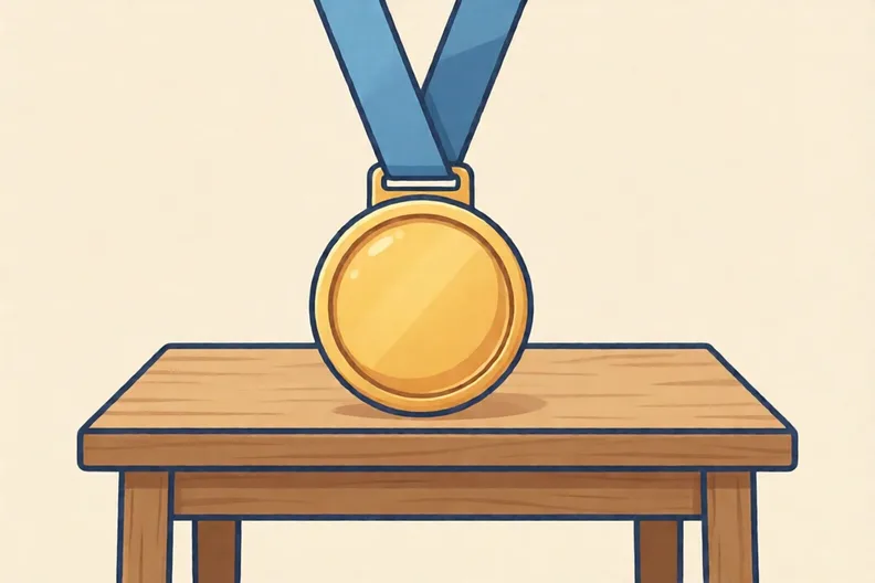 A gold medal on a blue ribbon resting on a plain wooden table