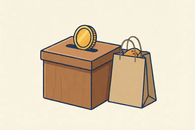 A wooden donation box with a coin and a bag of food on a plain background.