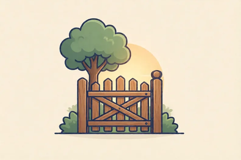 A wooden garden gate with a small tree behind it