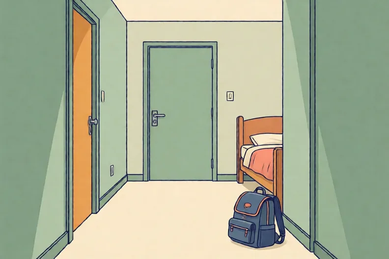 A closed bedroom door with a school bag on the floor