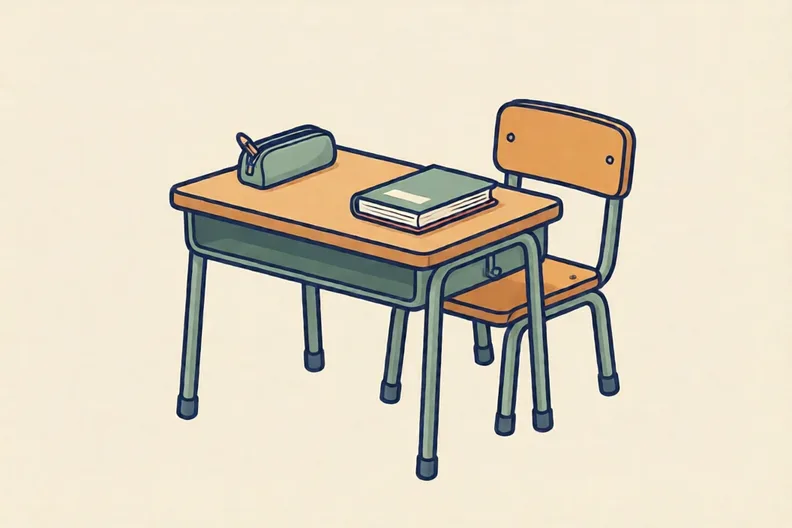 A classroom table with one empty chair and a pencil case