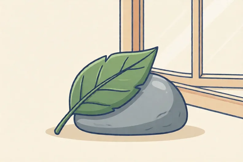 A green leaf resting on a smooth stone by a window