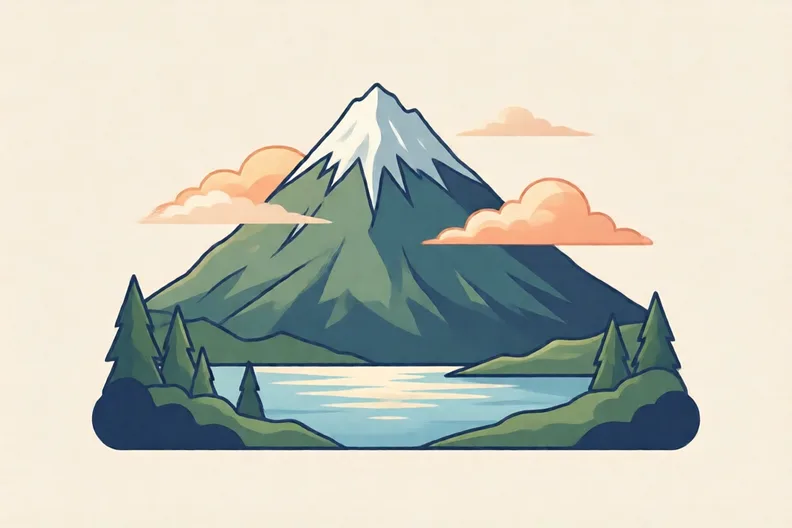 A tall mountain with clouds above a calm lake at dawn
