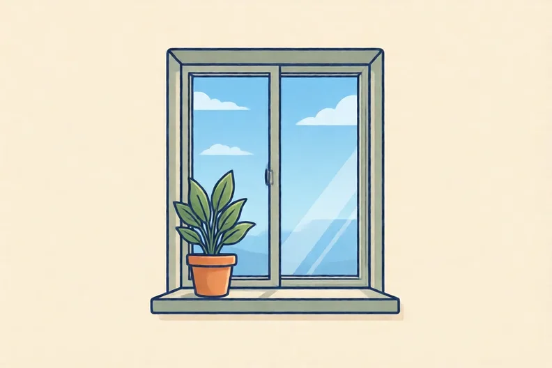 A window with a plant and a clear sky outside, no people