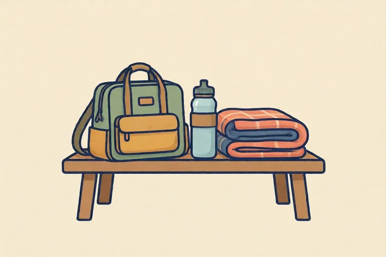 A small bag, water bottle and folded blanket on a bench