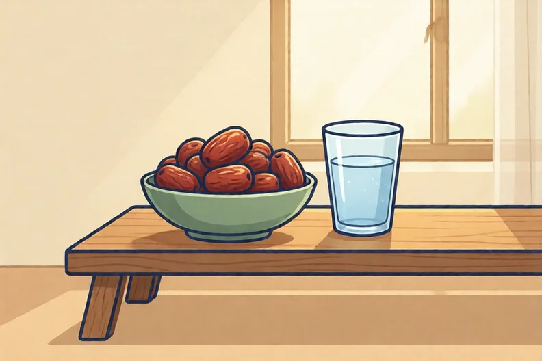 A bowl of dates and a glass of water on a low table by a window