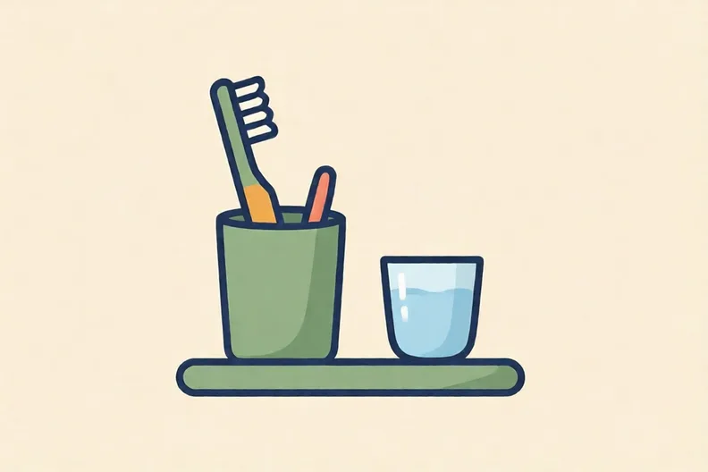A toothbrush and a small cup of water on a bathroom shelf