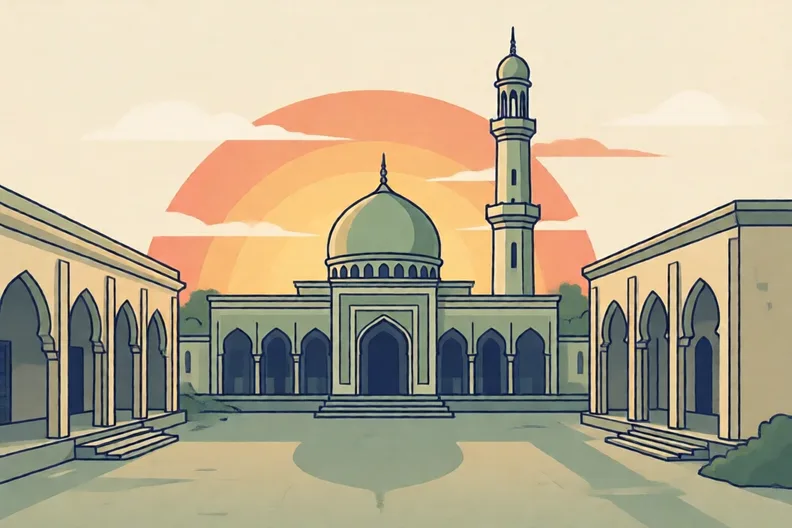 A masjid with a dome and tall minaret at sunset