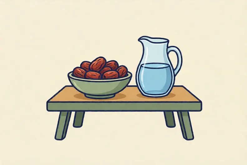 A low table set with a bowl of dates and a jug of water