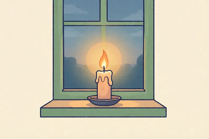 A candle burning on a windowsill at dusk
