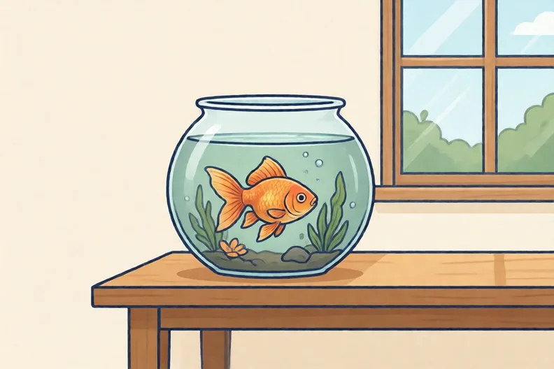 A goldfish tank on a table by a window