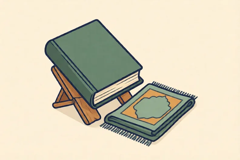 A closed Quran on a wooden stand beside a folded prayer mat.