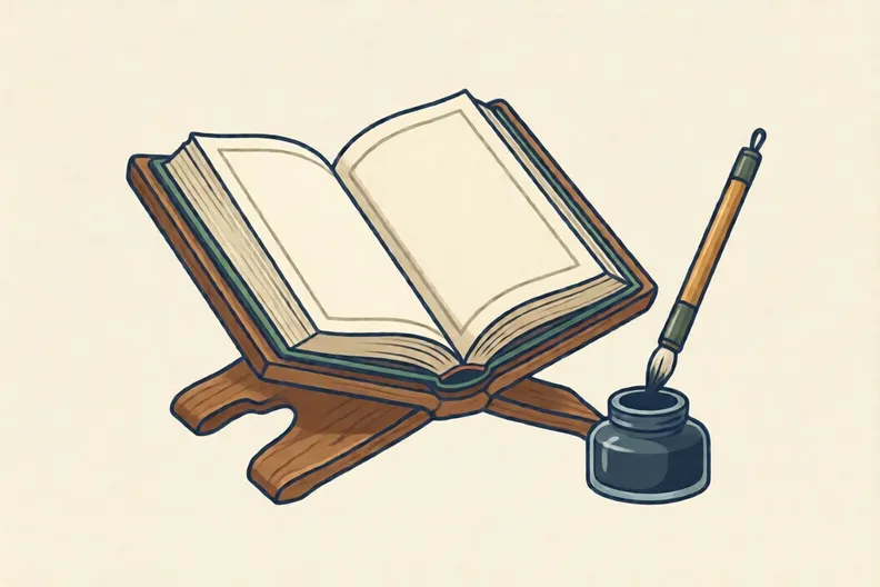 An open Qur'an with blank pages on a wooden stand beside an inkpot and reed pen