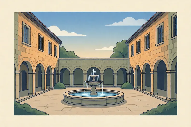 A stone courtyard with a fountain under a clear evening sky