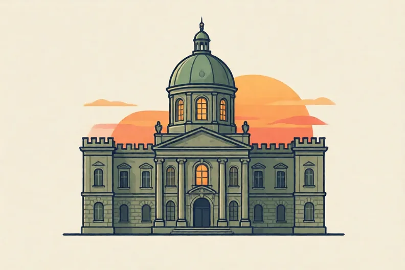 A stone palace with a tall dome at sunset, with no people